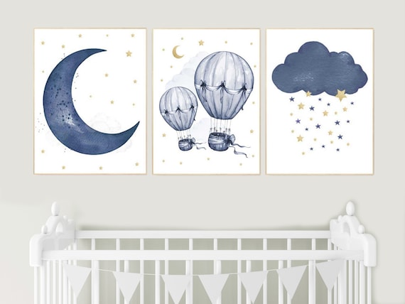 Nursery decor boy, Navy gold, cloud moon and stars nursery, hot air balloon, baby boy nursery idea, boy nursery art, navy and gold, prints