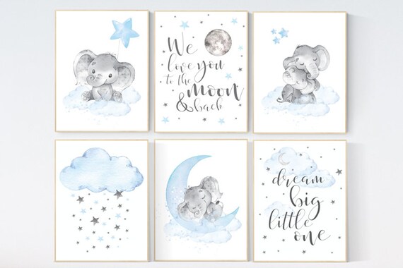 Nursery decor boy elephant, we love you to the moon and back, Blue and gray, moon and stars. nursery wall art boy elephant, baby blue, stars