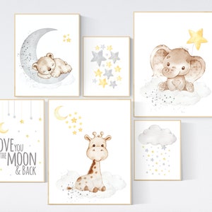 Nursery decor animals, yellow grey nursery wall art, moon and stars, yellow nursery, gender neutral, twin nursery, unisex, yellow gray