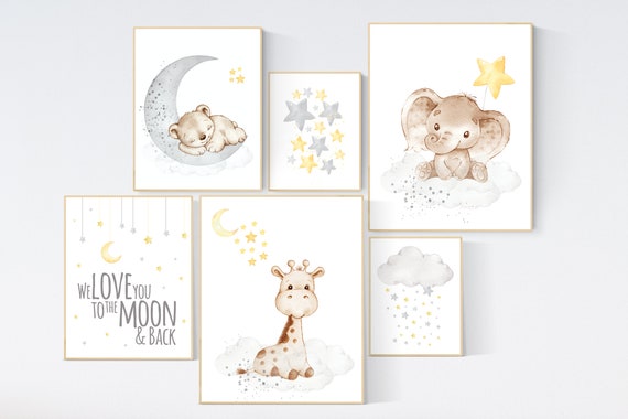 Nursery decor animals, yellow grey nursery wall art, moon and stars, yellow nursery, gender neutral, twin nursery, unisex, yellow gray