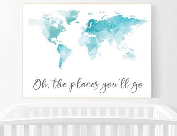 Aqua nursery decor, blue nursery, World Map wall art, watercolor world map nursery, world map wall art, aqua nursery decor, world map print