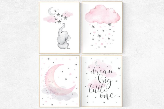 Nursery decor girl pink and gray, elephant nursery, nursery decor girl pink, dream big little one, pink and grey, cloud and stars, moon