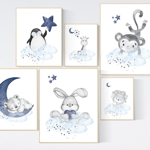 Nursery decor boy animals, giraffe, lion, bear, bunny, penguin, boy nursery decor, moon and stars, navy and blue nursery, boy nursery art