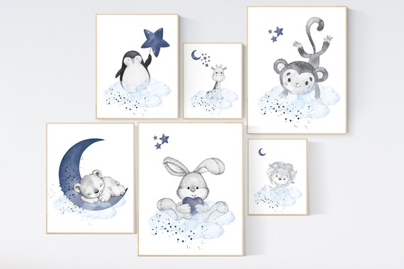 Nursery decor boy animals, giraffe, lion, bear, bunny, penguin, boy nursery decor, moon and stars, navy and blue nursery, boy nursery art