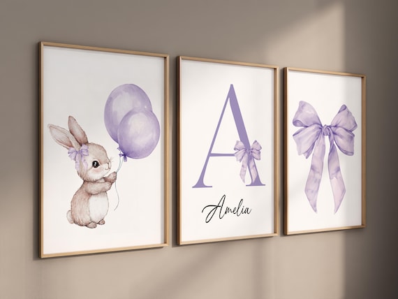 Personalized bunny nursery art, custom baby name print, purple balloon wall art, pastel bow nursery decor, watercolor rabbit baby room print