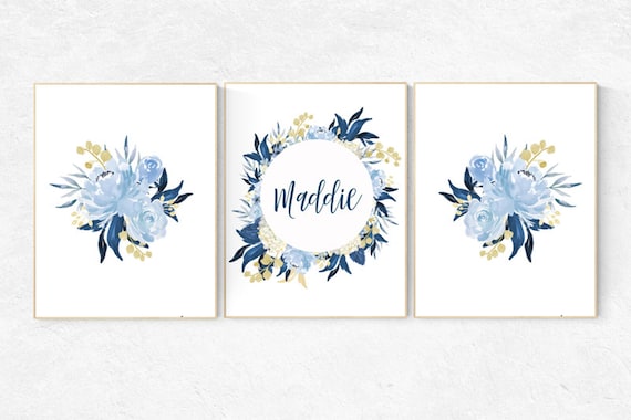 Nursery decor girl flower, navy blue nursery decor, floral nursery decor, girls room decor blue, girls room decor floral, girls room decor