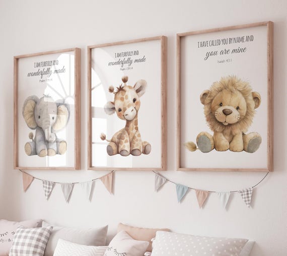 Plush Safari Animal Bible Verse Wall Art – Elephant Giraffe Lion Nursery Prints, Scripture Art, Christian Baby Room Decor Set