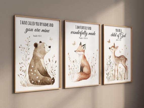 Woodland nursery Bible verse wall art set, bear fox deer scripture prints, Christian baby room decor, gender neutral nursery wall art set
