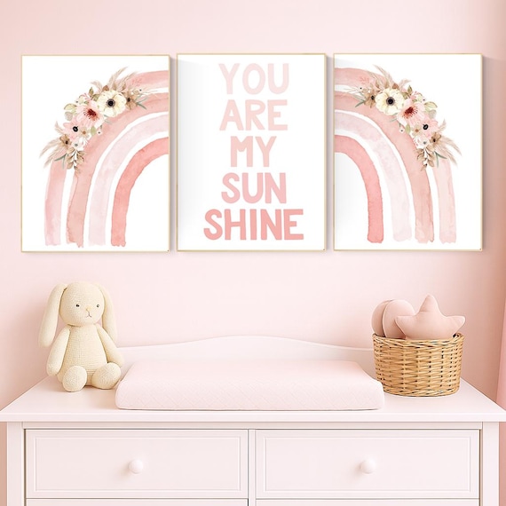 You Are My Sunshine Nursery Wall Art Set of 3 | Floral Rainbow Prints | Boho Pink Baby Girl Room Decor | Inspirational Quote Artwork