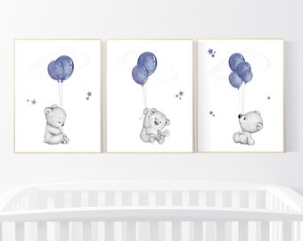 Teddy Bear Nursery Print: Navy Blue Balloons, Boy Nursery Art