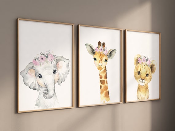 Safari Animals, girl nursery, Animals Prints, Woodland Nursery Decor, Safari Nursery Wall Art, floral animal prints, Pink Safari Animals