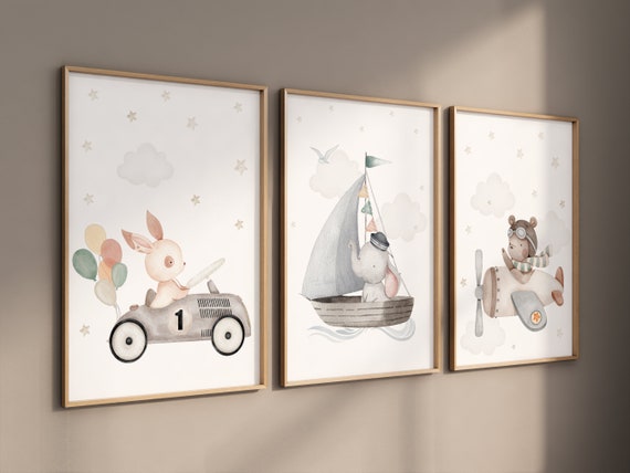 Nursery wall art animals, grey nursery, gender neutral, neutral nursery, bear nursery, elephant nursery, rabbit nursery, travel nursery