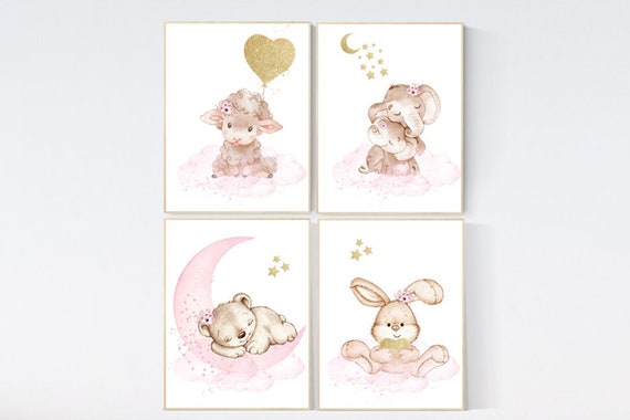 Pink and gold nursery, Nursery decor girl elephant, animal nursery, bunny nursery art, pink gold, bear nursery, giraffe baby room wall art