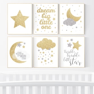 Silver gold nursery art, dream big little one, twinkle twinkle little star, nursery decor, silver and gold, moon nursery, gender neutral