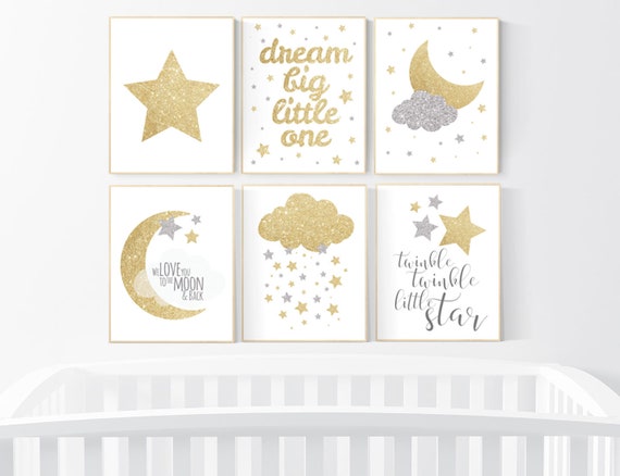 Silver gold nursery art, dream big little one, twinkle twinkle little star, nursery decor, silver and gold, moon nursery, gender neutral