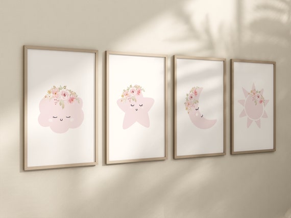 Moon nursery decor, baby pink nursery, flower nursery, nursery decor girl, star print, cloud print, girls room decor, pink nursery