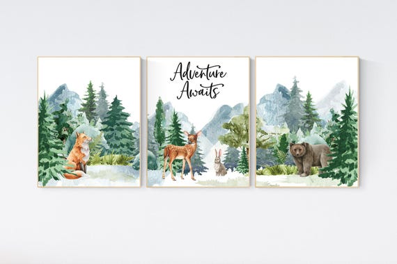 Nursery decor woodland, mountain wall art, tree nursery decor, adventure theme, forest, woodland animals, Adventure Awaits