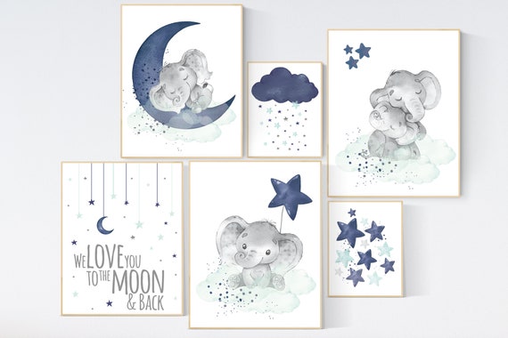 Nursery decor boy elephant, nursery wall art boy, navy teal, moon and stars, navy and teal nursery, boy nursery decor, elephant nursery art