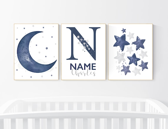 Navy nursery decor, cloud and stars, moon and stars, navy blue nursery art. baby room wall art, boy nursery decor, set of 3, nursery art