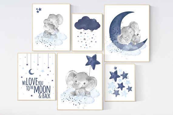 Nursery decor boy elephant, nursery wall art boy, navy Blue, moon and stars, navy nursery, boy nursery decor, elephant nursery art, star