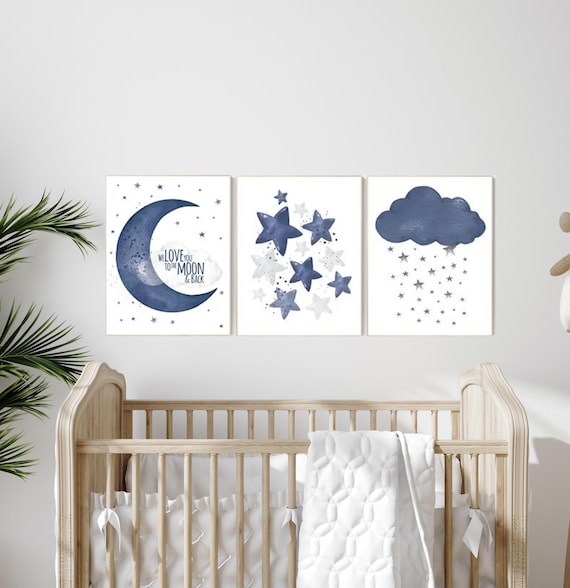 Navy Nursery Art Prints: Cloud, Moon & Stars - Set of 3