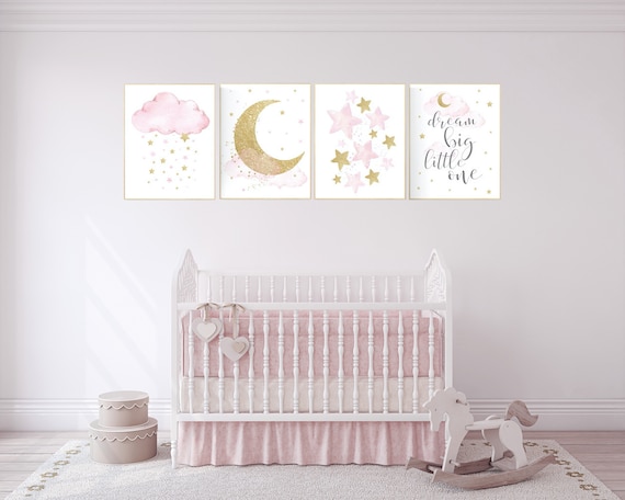 Nursery decor girl pink gold, cloud, moon and stars, pink and gold nursery art, girl nursery ideas, dream big little one, set of 4 prints