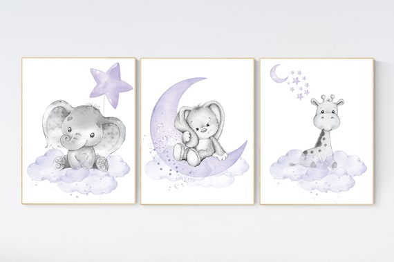 Animal nursery, Purple nursery decor, elephant, giraffe, bunny, woodland animals, lilac nursery decor, lavender, girl nursery, moon stars