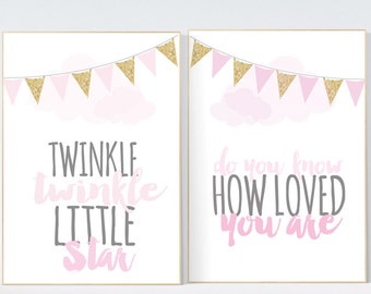 Baby room decor girl gold and pink, Twinkle Twinkle Little Star, pink gold nursery wall decor, nursery wall art quotes, nursery decor girl
