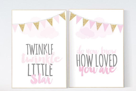 Baby room decor girl gold and pink, Twinkle Twinkle Little Star, pink gold nursery wall decor, nursery wall art quotes, nursery decor girl