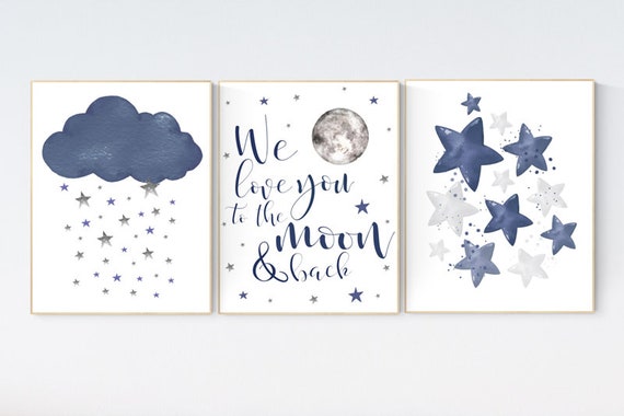 Nursery decor boy navy blue, Nursery wall art boy, navy nursery decor, moon and stars, we love you to the moon and back, nursery prints boy