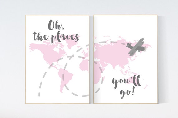 Oh the places you'll go, travel nursery decor, World Map wall art, world map nursery pink nursery decor baby girl nursery nursery decor girl