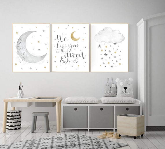 Nursery wall art grey, gray gold nursery, nursery decor neutral, baby room decor gender neutral, moon and stars, grey gold, baby room art