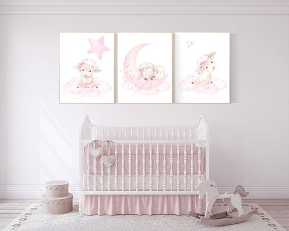 Lamb wall art nursery, Sheep print nursery, Nursery decor girl, sheep nursery, lambs, nursery wall art sheep, moon and cloud, girl nursery