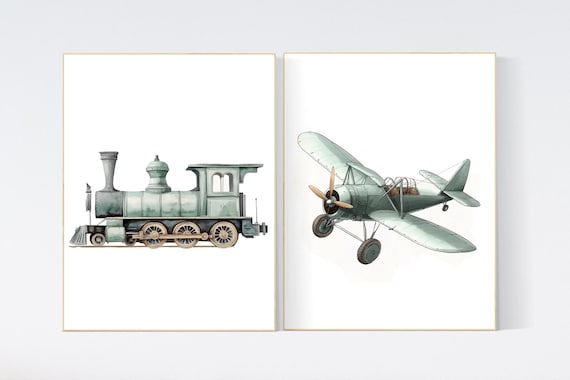 Vehicle art print set, sage green, Boys room, train print, plane print, boys transportation print, boys nursery room decor