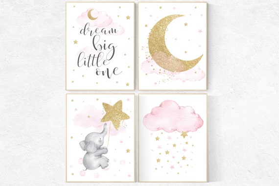 Nursery decor girl elephant, pink and gold nursery, dream big little one, pink nursery art, cloud and stars baby room decor nursery wall art