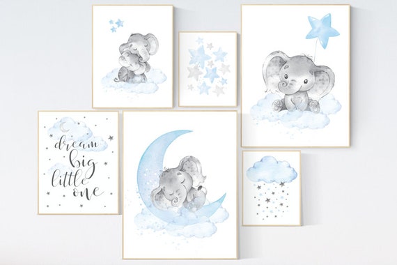 Nursery decor elephant, nursery wall art boy, Blue grey, moon and stars nursery, elephant nursery art, dream big little one, boy nursery art