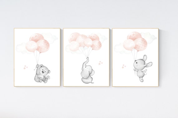 Blush pink nursery decor, girl nursery, animal prints, animal balloon, elephant, bunny, bear, nursery decor girl, blush nursery decor