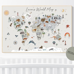 Impressão de mapa-múndi animal, decoração de berçário de animais da floresta, arte de parede de mapa-múndi, cores neutras, mapa-múndi com animais, gênero neutro