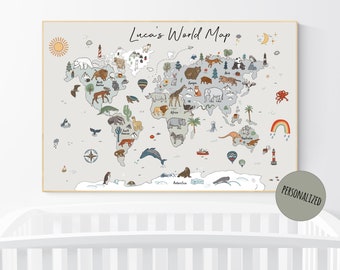 Impresión de mapa del mundo animal: decoración neutra para habitación infantil, arte para habitación infantil