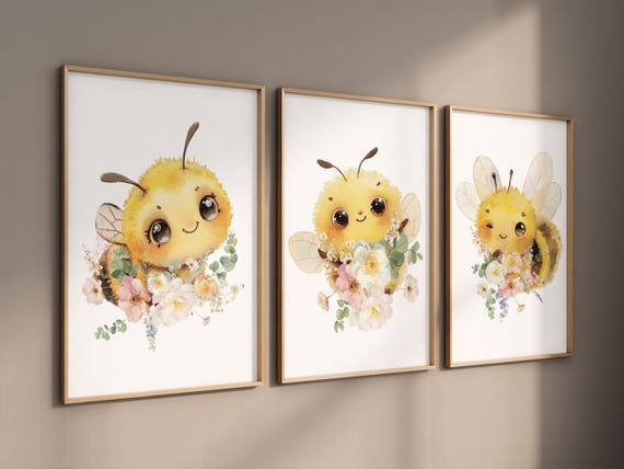 Bee print, bee nursery, flower nursery, yellow nursery, gender neutral, nursery wall art prints, baby room wall art, girl nursery