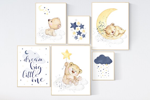 Nursery decor, bear nursery, navy yellow gray, gender neutral nursery, navy Blue, moon and stars, navy nursery, boy nursery, navy yellow