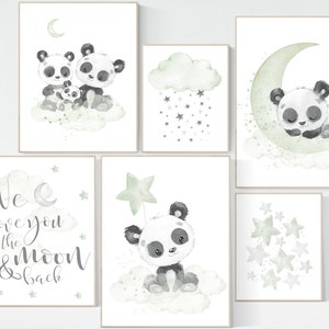 Panda nursery, green nursery decor, gender neutral prints, nursery wall art, panda prints, animal nursery wall art, neutral nursery