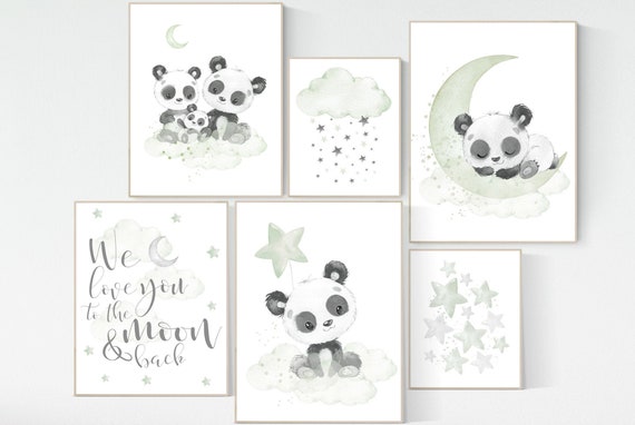 Panda nursery, green nursery decor, gender neutral prints, nursery wall art, panda prints, animal nursery wall art, neutral nursery