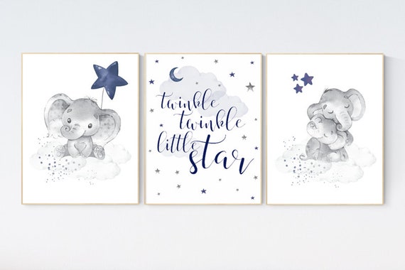 Nursery decor elephant, navy nursery decor, twinkle twinkle little star, moon and stars, navy blue nursery art. baby room, elephant nursery