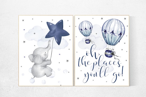 Nursery decor boy elephant, oh the places you'll go, navy nursery decor, cloud and stars, hot air balloon, navy blue nursery art. baby room