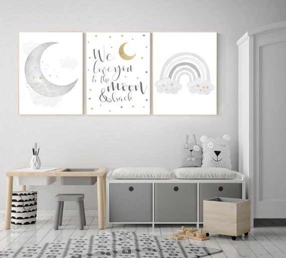 Nursery wall art grey, gray gold nursery, rainbow nursery, nursery decor neutral, baby room decor gender neutral, moon and stars, grey gold