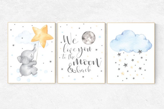 Nursery decor elephant, neutral nursery, Gender neutral nursery, we love you to the moon and back, Baby wall decor, baby room decor, moon
