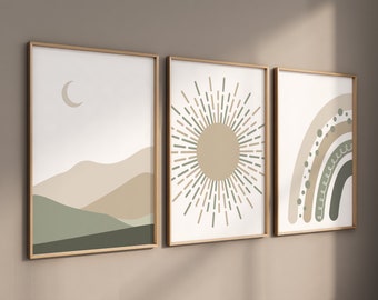 Boho Nursery Prints: Rainbow, Sun, Moon - Sage Green Earth Tones