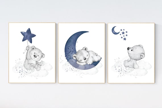 Nursery decor bear, animal nursery prints, navy nursery, navy blue nursery, baby room wall art, woodland animal prints, teddy bear nursery