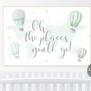 Hot air balloon nursery, mint green nursery, Nursery decor neutral, gender neutral, green nursery, world map, oh the places you&#39;ll go